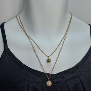 Double Strand Layered Gold Tone Rhinestone Sphere Pendants